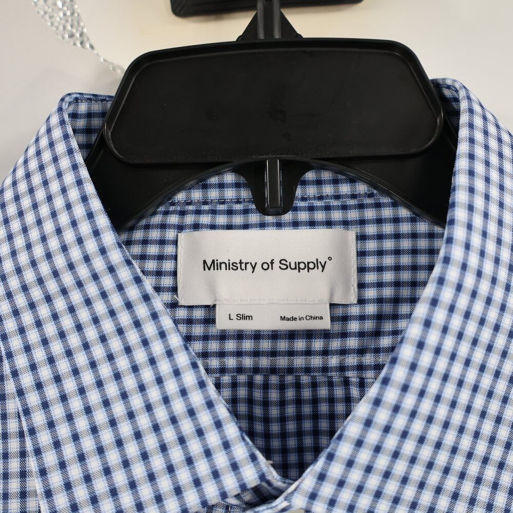 Ministry Of Supply Shirt Mens Large Blue Check Slim Fit Recycled poly Button Up - Picture 5 of 12